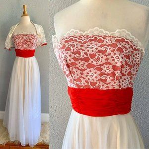 Vintage White Strapless Lace Chiffon Shawl + Wedding Dress Set XXS
